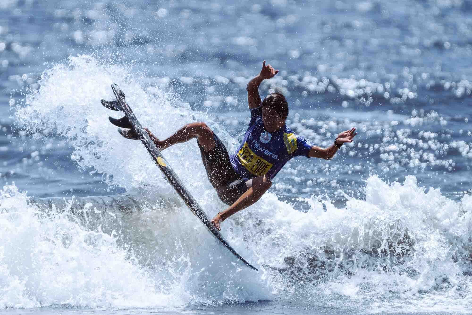 Miyu Furukawa competes in the Surfing Shortboard Contest at the Murasaki Shonan Open in Fujisawa, southwest of Tokyo. (Photo by Ben Weller/AFLO)