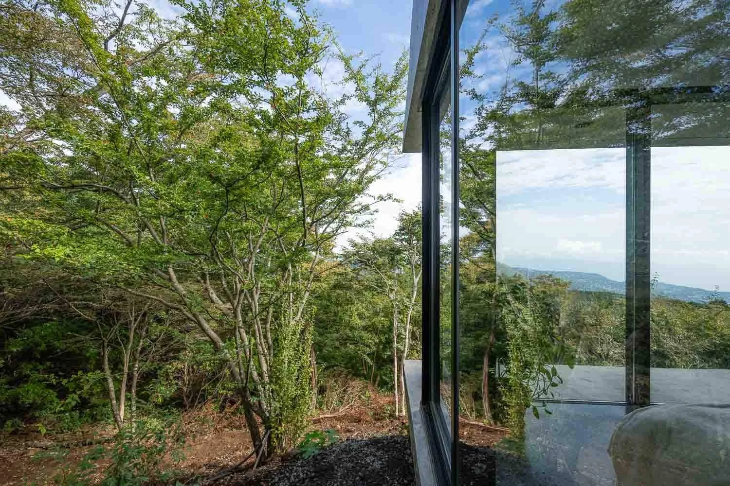  The wrap-around wall of glass merges the outdoors with the home’s interior. 