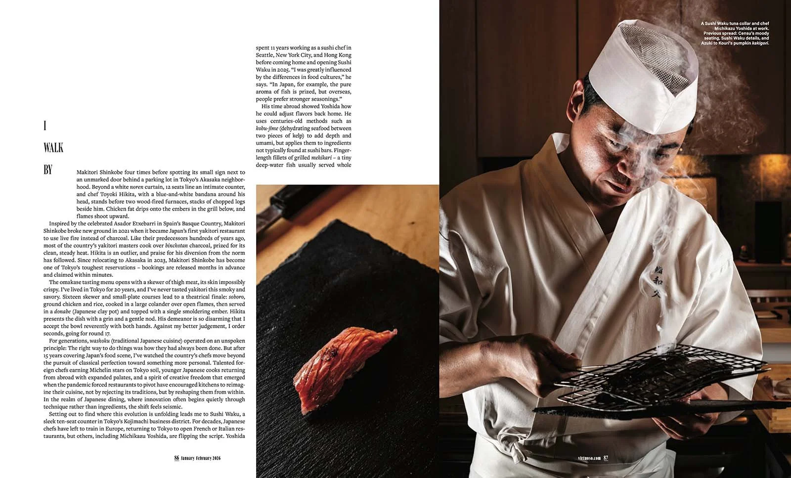  A spread from Virtuoso, The Magazine, featuring chef Michikazu Yoshida at work at Sushi Waku in Tokyo. By Japan food and travel photographer Ben Weller. 
