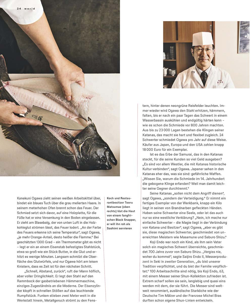 A person filleting a fish on a cutting board with a large knife.