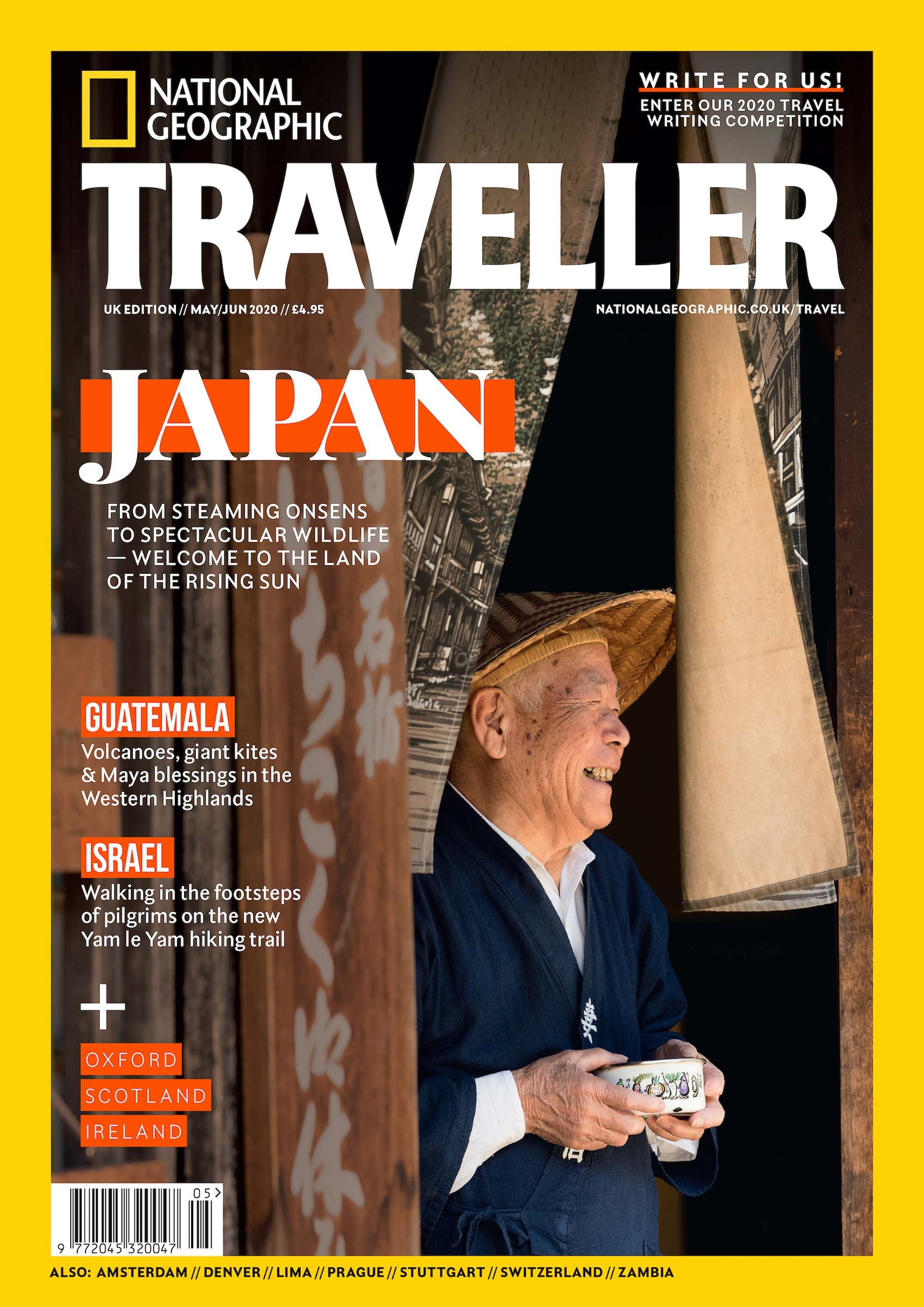 Cover of National Geographic Traveller magazine, May/June 2020, featuring a smiling elderly man wearing a straw hat and traditional Japanese clothing, standing behind a curtain with Japanese characters, holding a small bowl.