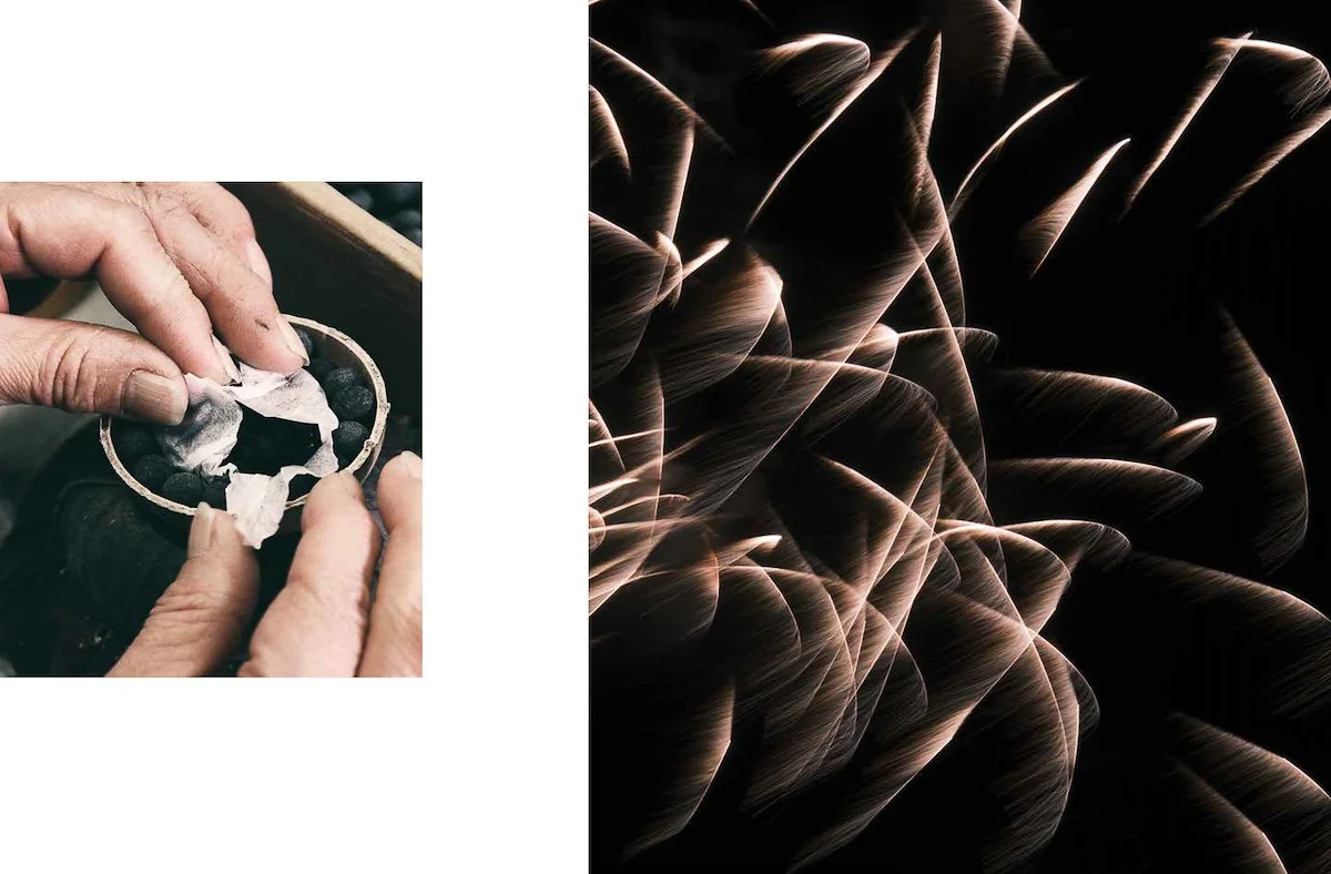 Close-up of a person’s hands making fireworks at a workshop in Niigata, Japan.