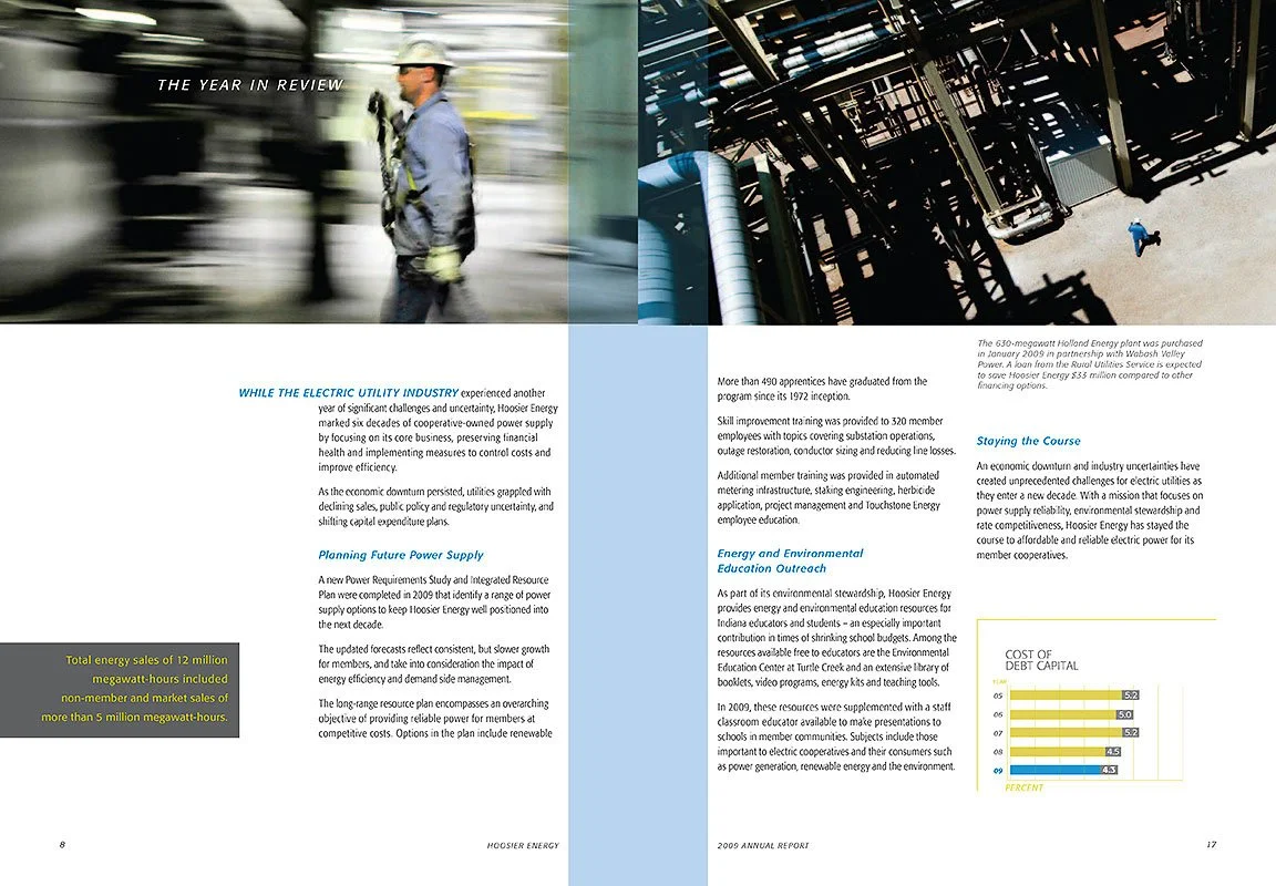 Double-page spread from a report, featuring a blurred image of a worker in safety gear on the left and an aerial view of industrial equipment and a person walking below on the right. The left page includes a yellow highlighted box with energy sales i