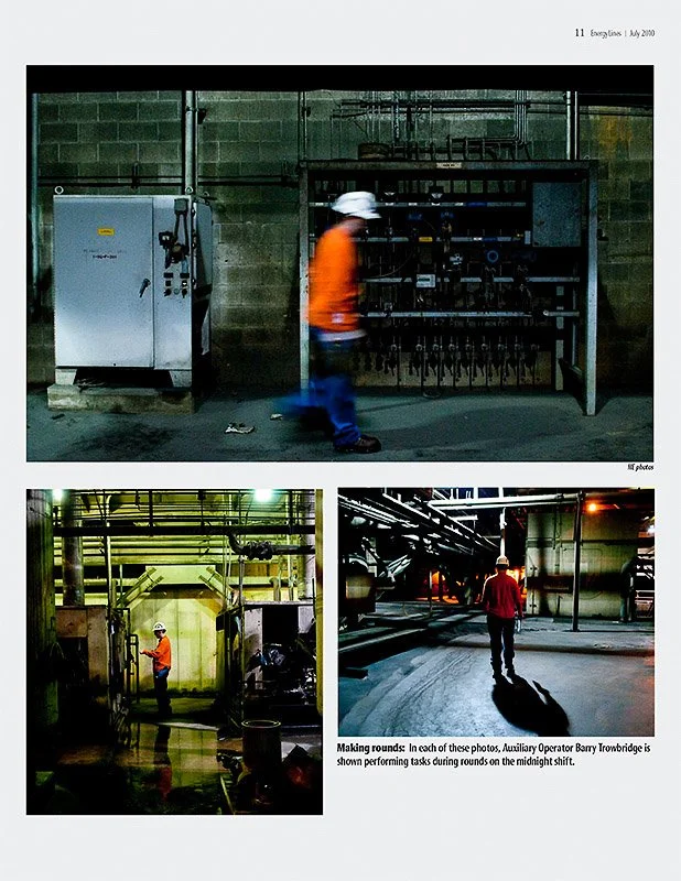 Three photos of industrial workers in a factory environment. The top photo shows a worker walking past a large electrical panel on a concrete wall. The bottom left photo features another worker standing inside a dimly lit room with yellow lighting, s