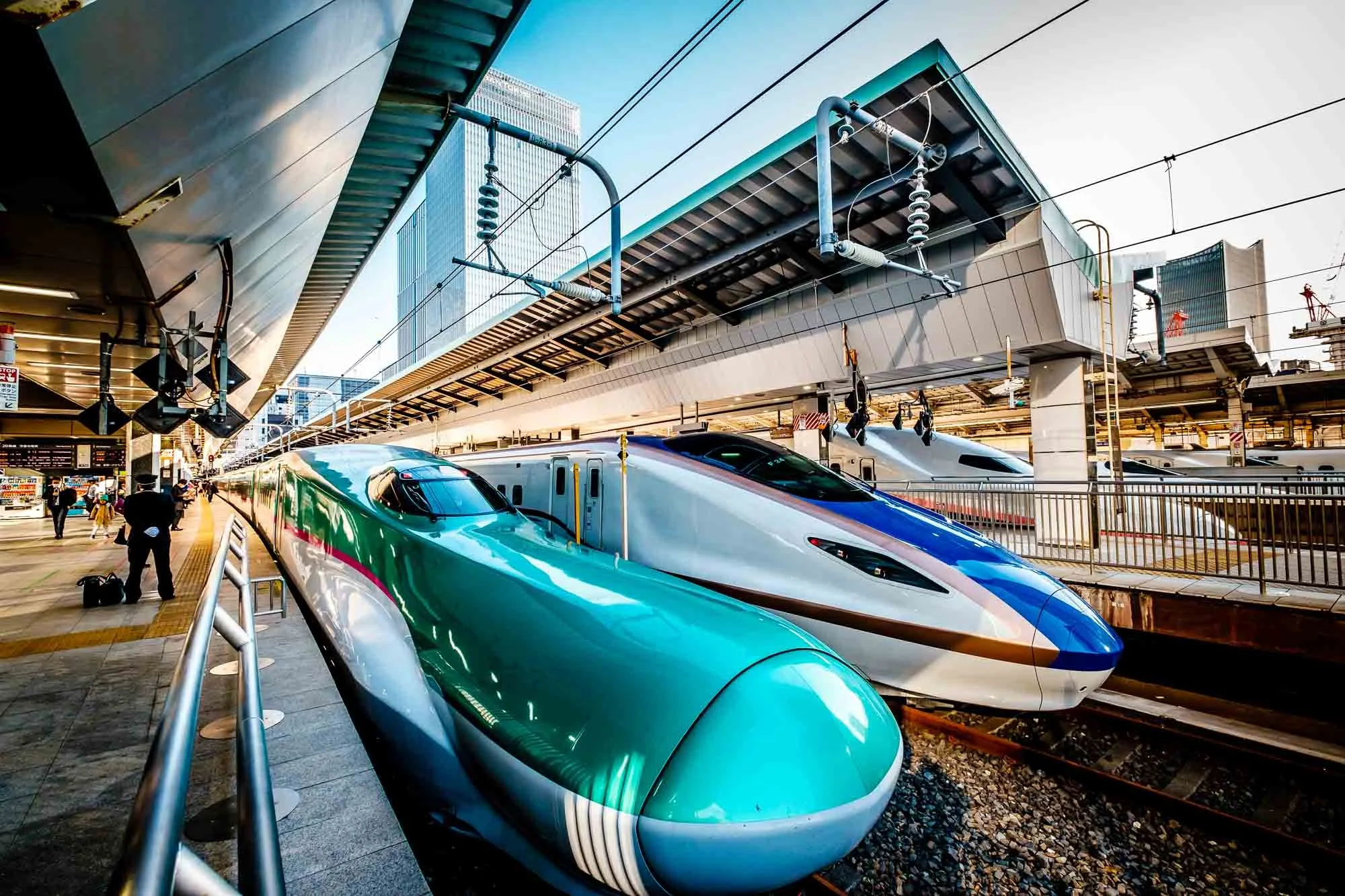 Shinkansen trains are lined up at platforms at Tokyo Station.