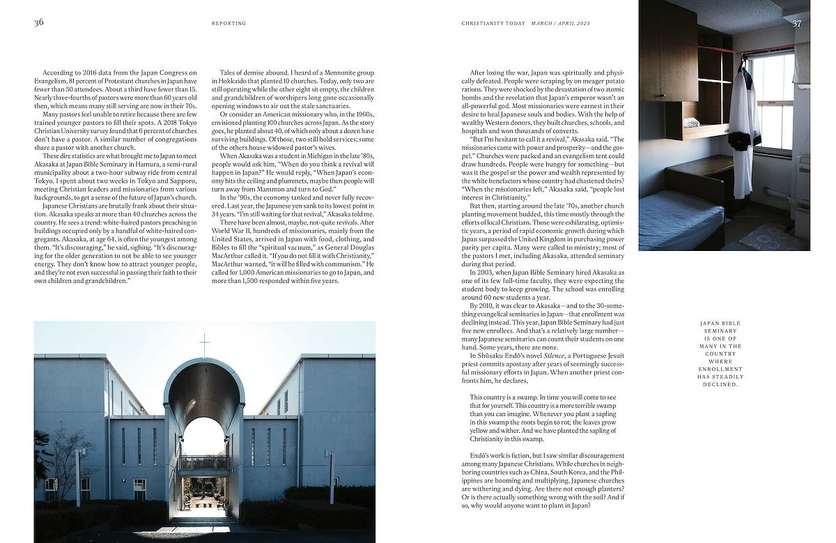Open book with text on pages and a photograph of a modern building with an archway, a flat roof, and blue exterior walls on the left page. The right page shows a photograph of a simple, modern room with a bed, a window, and a small closet or storage 