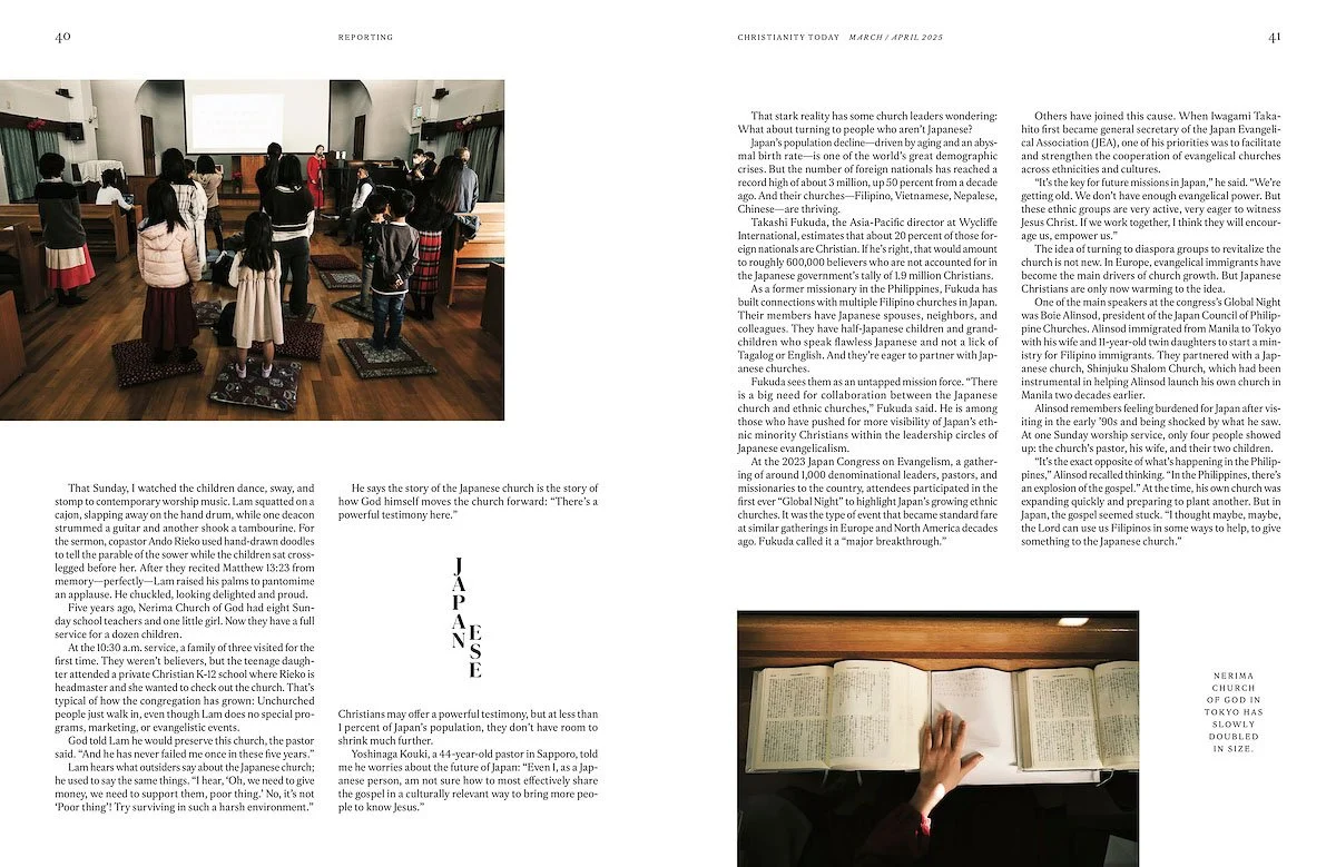 A page from a magazine showing a photo of children gathered in a church, participating in a singing or prayer activity on a stage with a speaker at a podium, and a smaller photo of an open Bible on a stand with a person's hand pointing to the text.