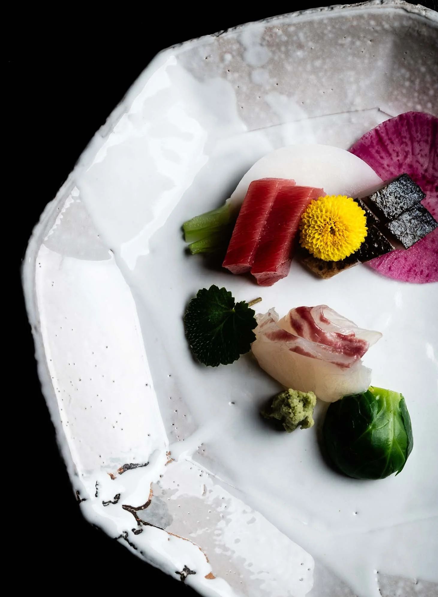 Sashimi dish served on Hagiyaki pottery at Hagi no Yado Tomoe, a historic ryokan in Hagi, Yamaguchi Prefecture, Japan.