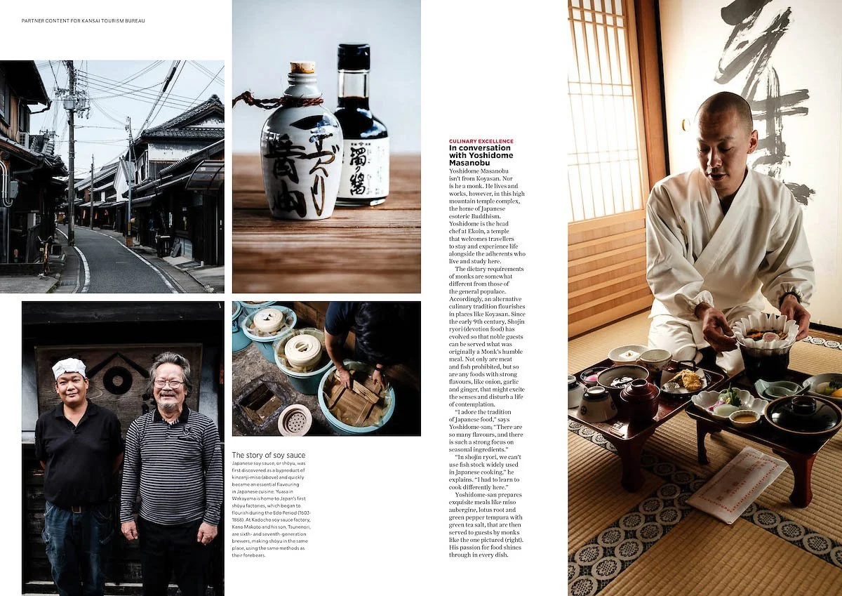 Traditional Japanese street scene with wooden buildings and power lines, two bottles of sake on a wooden table, a man in white kimono preparing a meal on tatami mats, two chefs standing outside a restaurant, and a person washing dishes.