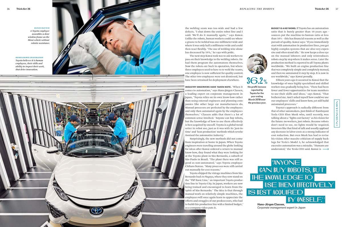 A two-page magazine spread with an article about automotive automation. The left page features a close-up of a mechanic working inside a car, wearing gloves and a blue shirt. The bottom image shows a white Toyota car on an assembly line with workers 