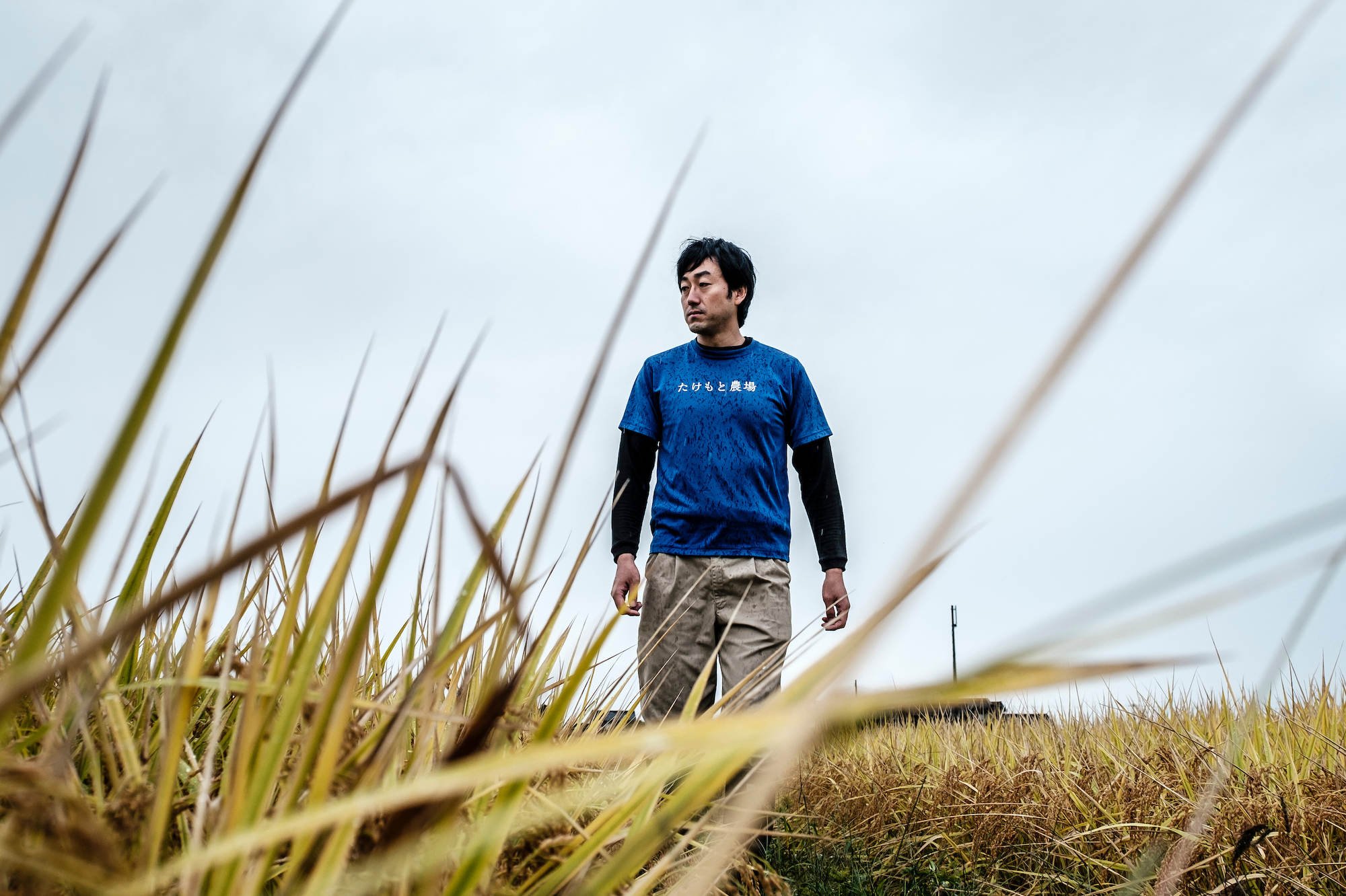 Man photographed in open field as part of editorial photography series in Japan