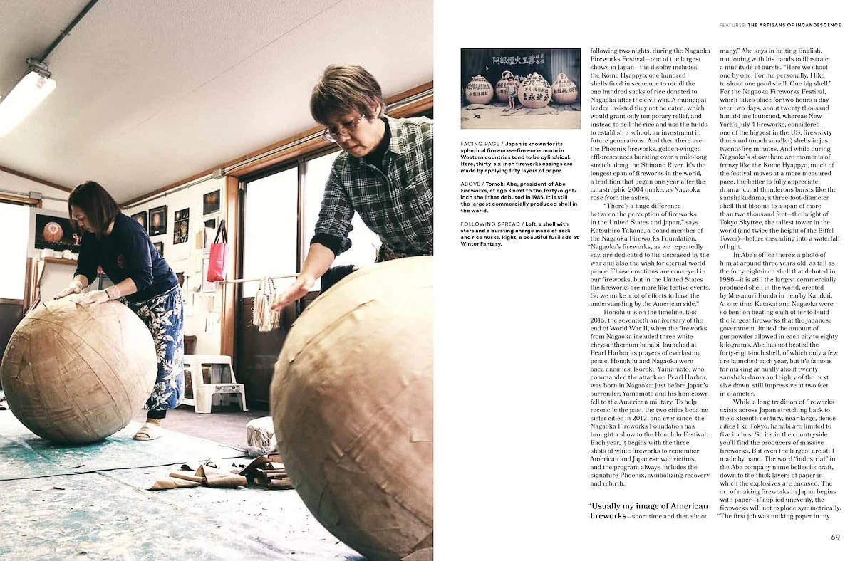 Two women manufacturing large firework shells photographed for an editorial travel story about firework production in Japan.
