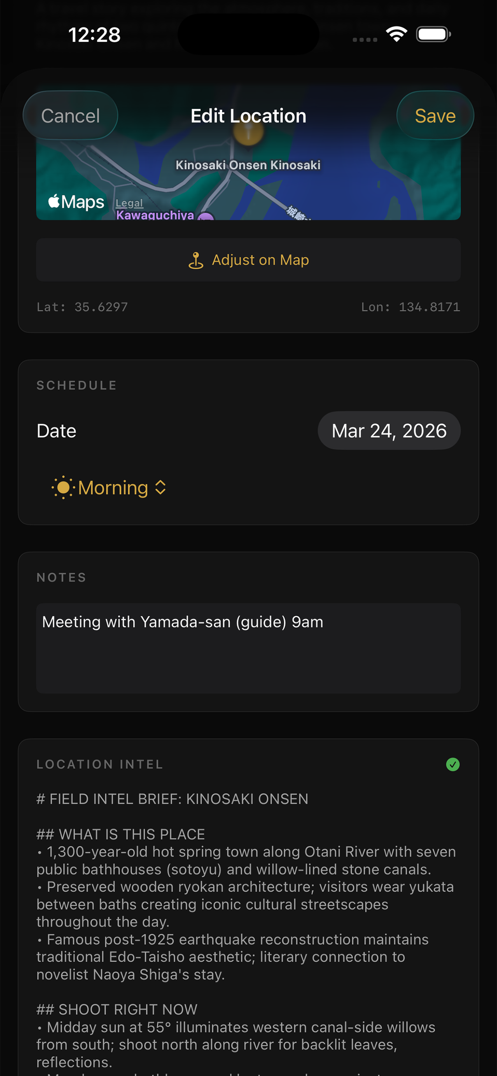 Recon Location Intel screen