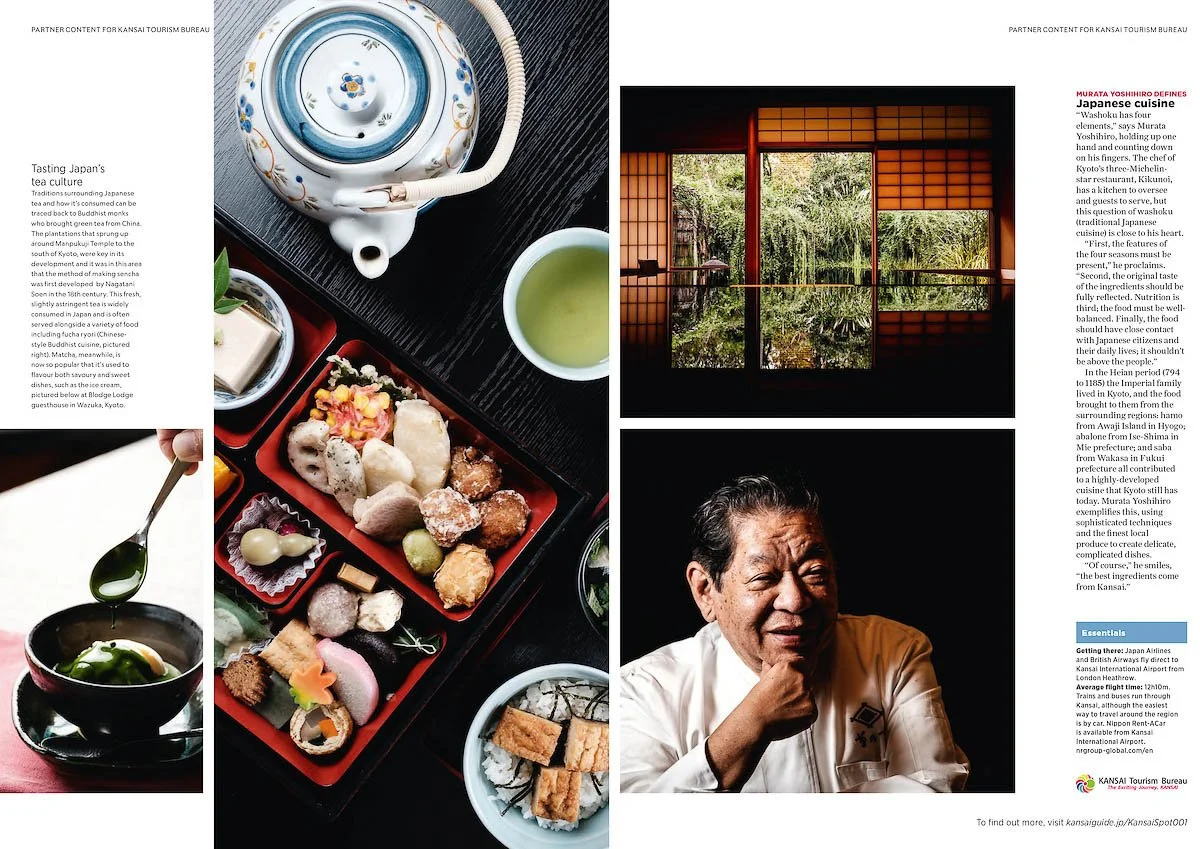 Japanese tea set with teapot and cup of green tea, traditional offerings including assorted sweets, a scenic view of a Japanese garden through shoji screens, a smiling Japanese man in traditional attire, and a close-up of a bowl with matcha and a spo