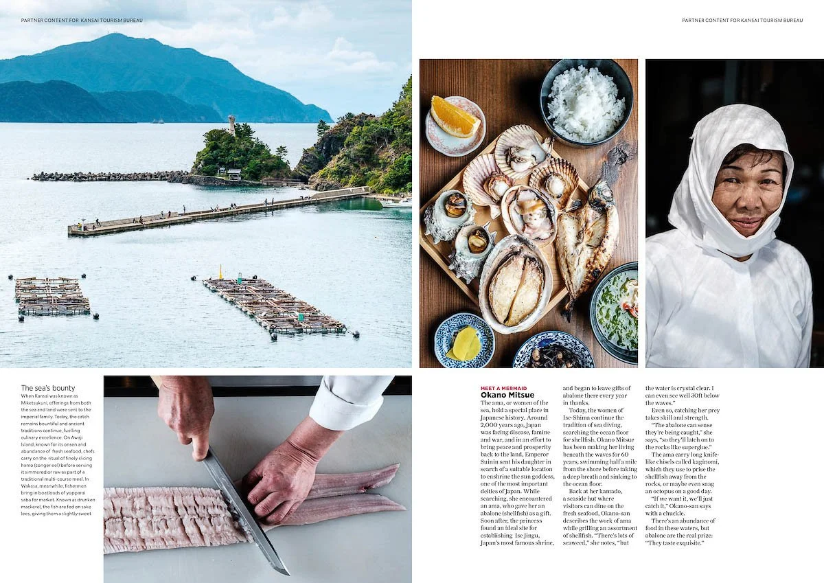 Published work featuring images of a harbor with floating fish farms, a chef cutting fish, and a portrait of a Japanese Ama diver from Iseshima, Mie Prefecture.