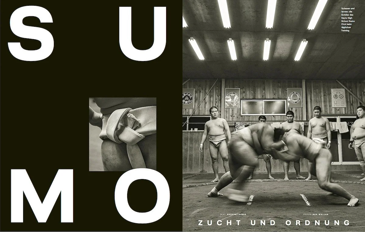 A magazine spread featuring high school sumo wrestlers in Japan, photographed for Lufthansa Magazin. The left side features large text reading 'SUMO' and a small close-up image of a sumo wrestler's belt, with German text at the top right corner.