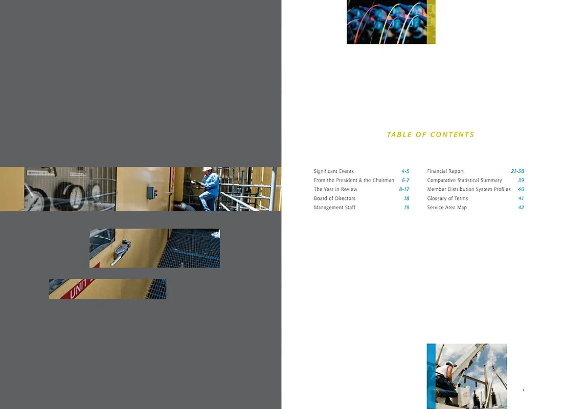 Table of contents page with a small photo of a power plant or industrial site in the top right corner and a small photo of a worker in a hard hat next to a crane in the bottom right corner, with gray and white backgrounds.