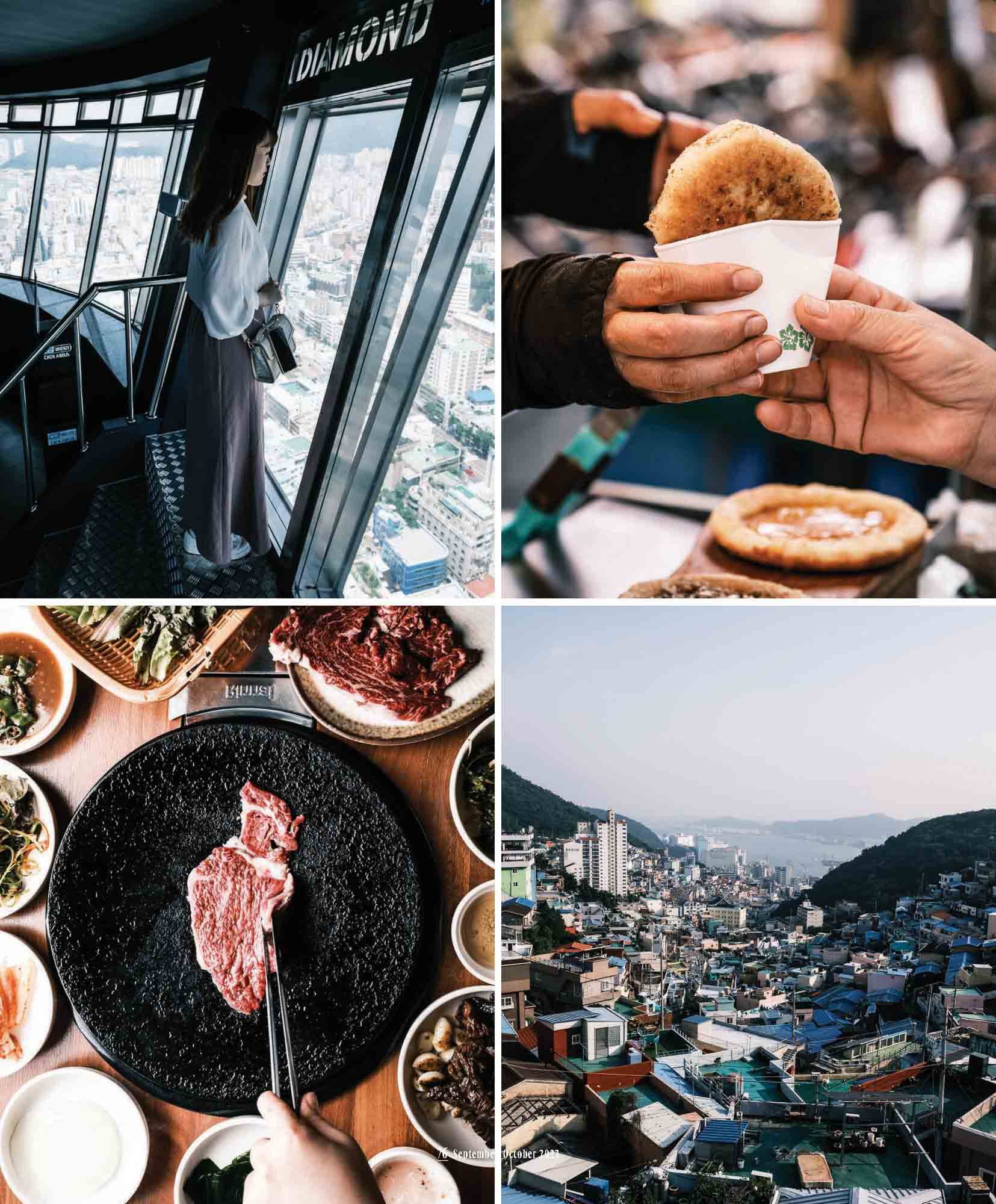 A collage of four images: a woman looking out of a skyscraper window at a city view, someone handing over a cup of fried food, a hand placing a raw steak on a hot griddle with various side dishes, and an aerial view of a city with hills and water.