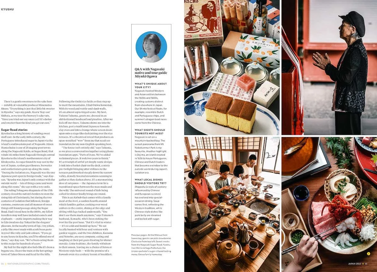 A magazine spread featuring Japanese cultural scenes, food, and people. Includes a woman praying at a shrine, traditional Japanese sweets, a group of people enjoying a meal, and a selection of Japanese dishes.