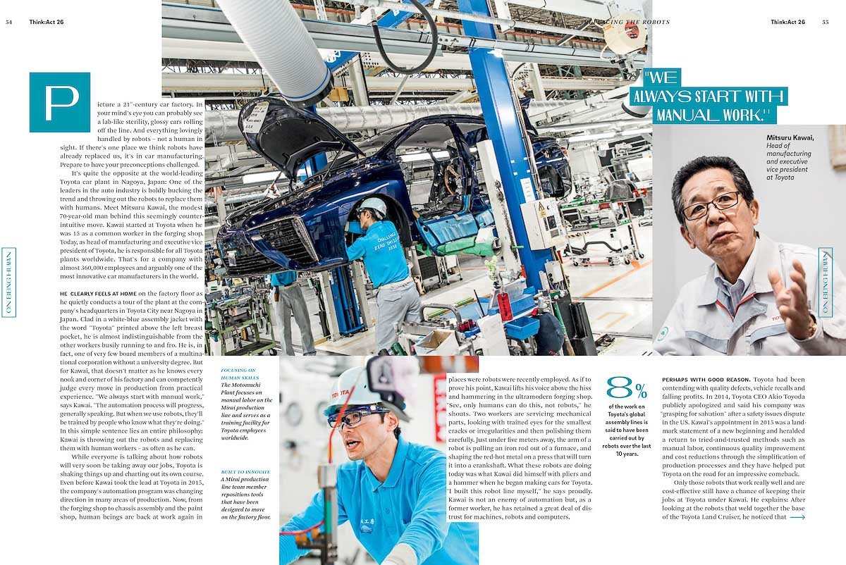 Page from a magazine showing a car manufacturing assembly line with robotic arms, workers in uniforms inspecting a car, and a portrait of a man in a white jacket explaining the process.