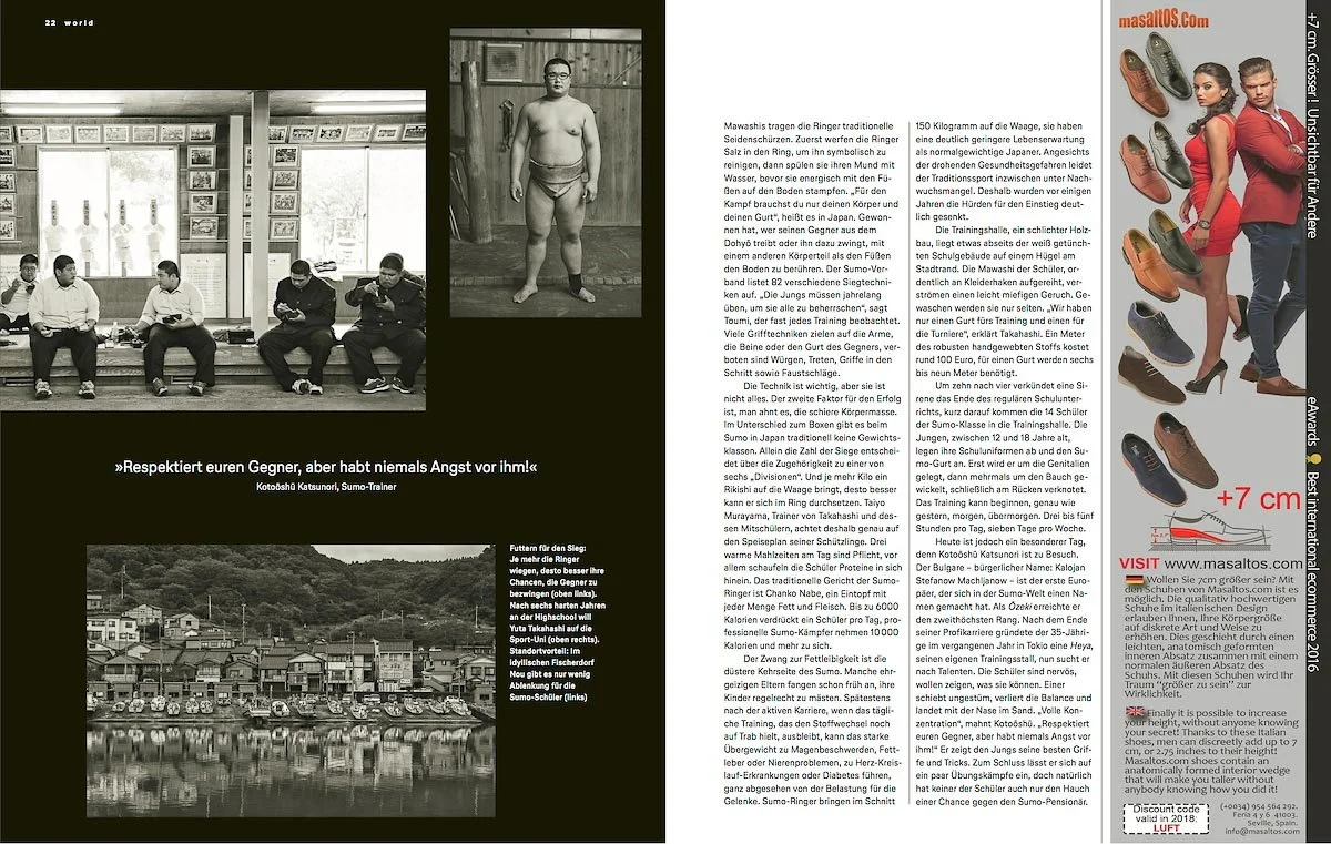 A magazine page featuring text and images of sumo wrestlers for Lufthansa's in-flight magazine.
