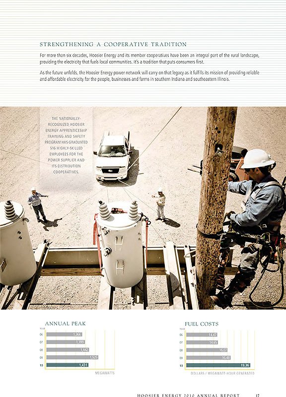 Photo of workers in safety gear installing a power pole near electricity infrastructure, with charts of annual peak energy and fuel costs at the bottom of the page.