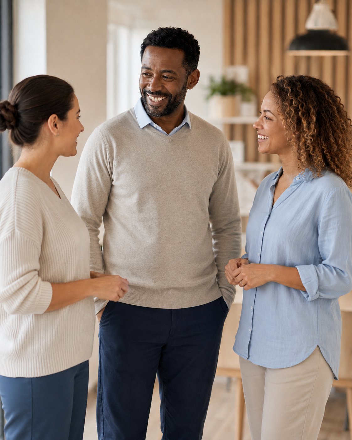 Three social care workers talking together in a bright, welcoming setting.