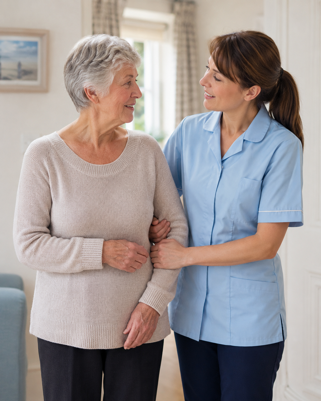 Care worker supporting an older woman in her home.