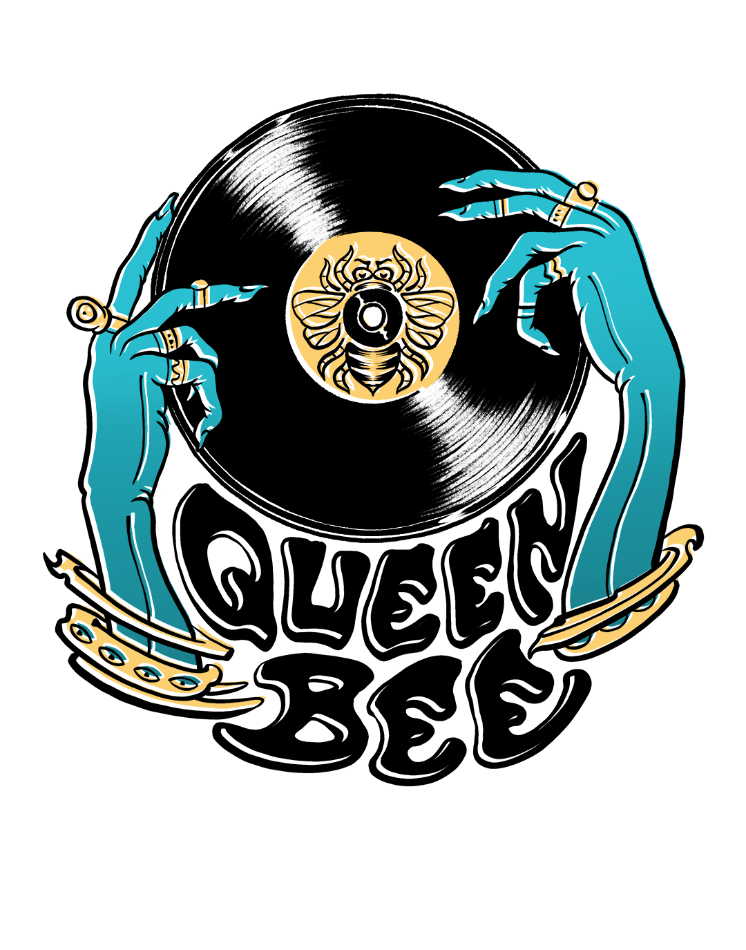 Stylized illustration of a vinyl record held by two blue hands with jewelry, with the words 'Queen Bee' in bold black letters at the bottom and a bee graphic in the center of the record label.