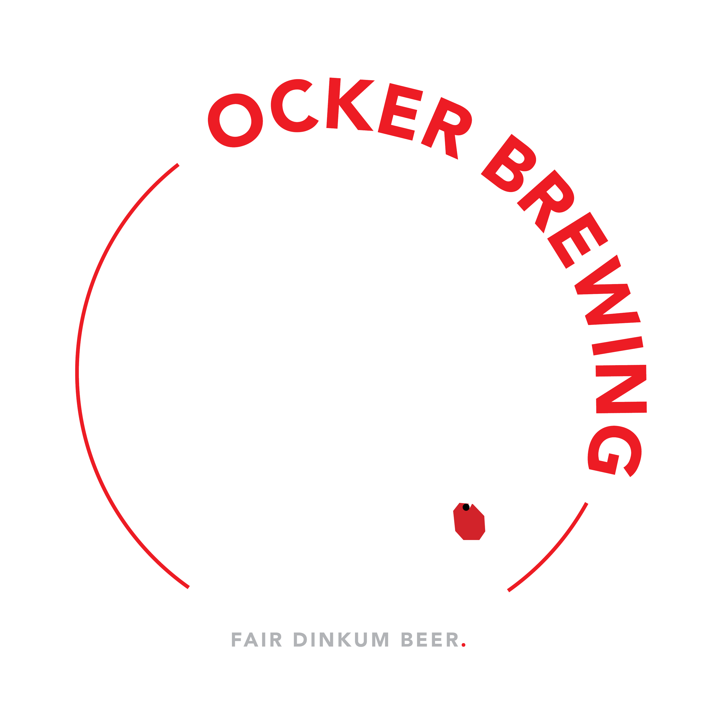 Logo for Ocker Brewing in Hopeton, featuring a line drawing of a dog with a collar and a tag, with bold red and white text around the dog reading "Ocker Brewing" and "Hopetoun Fair Dinkum Beer".