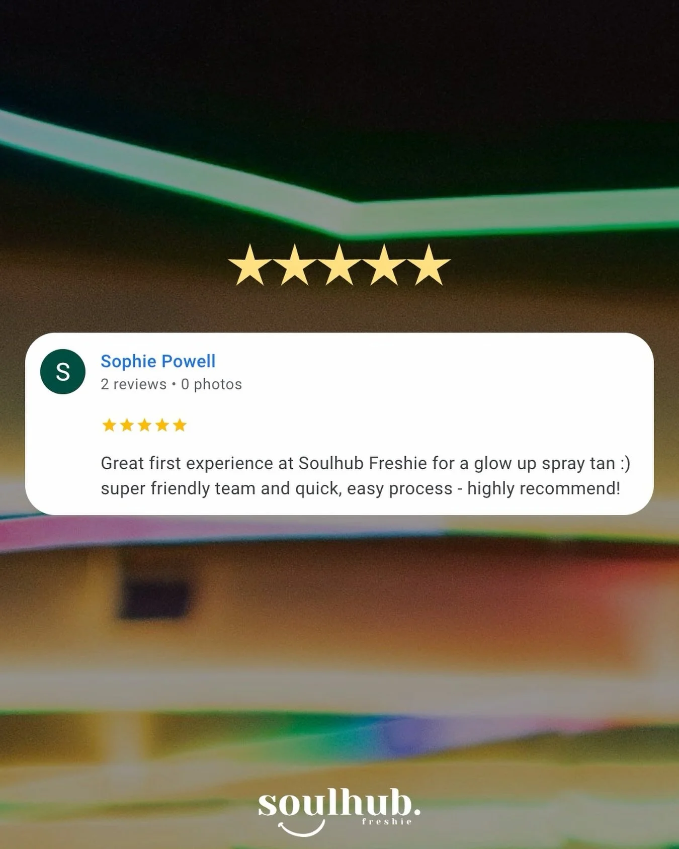 5 stars, 5 minutes, 100% glow 💫

&ldquo;Quick, easy process&rdquo; and &ldquo;super friendly team&rdquo; - music to our ears, Sophie! Our automated spray tan is the secret weapon for effortless bronze without the fuss.

Your turn. Download the SoulH