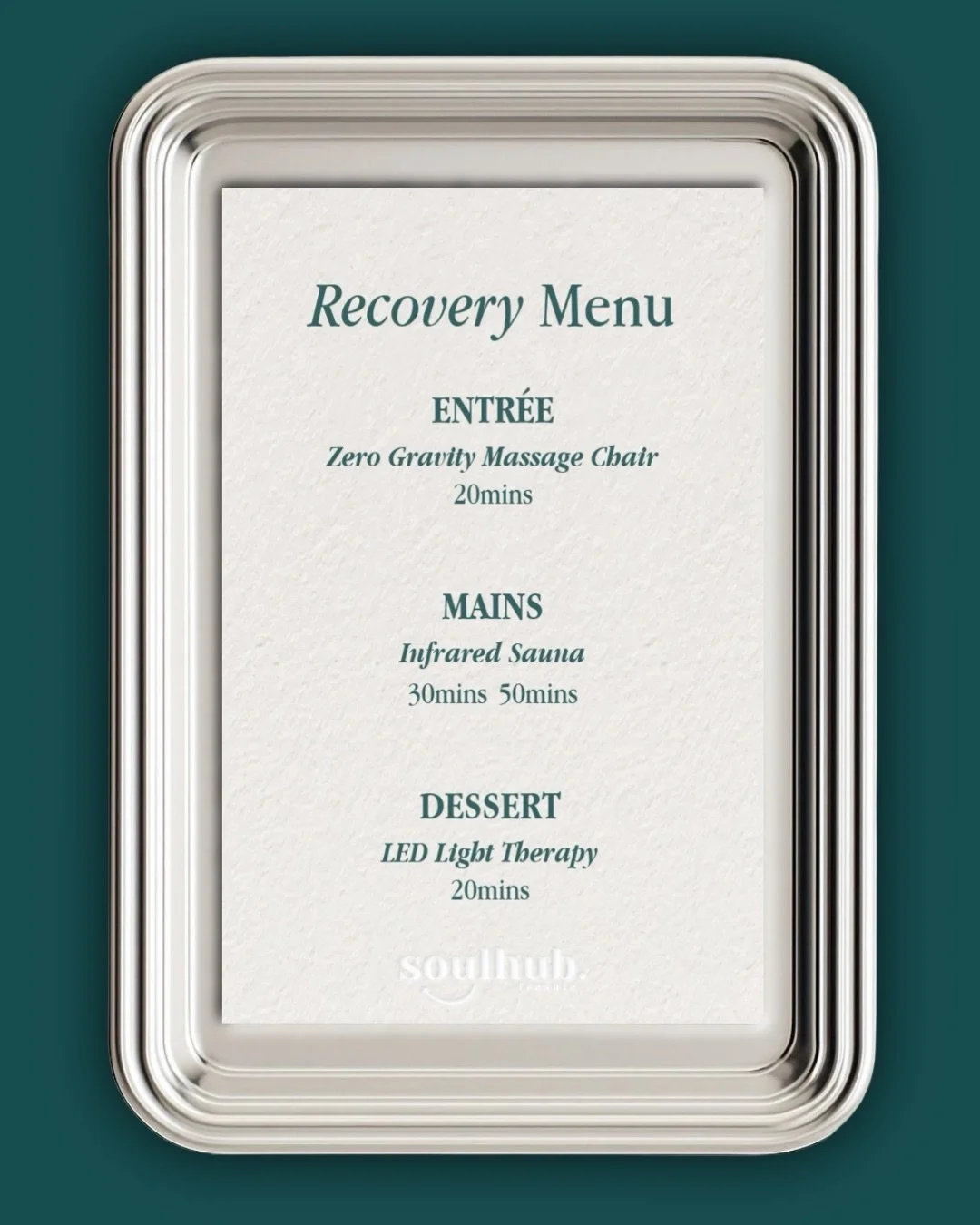 Recovery just got a three-course upgrade.

Entr&eacute;e: zero gravity massage chair. 
Mains: infrared sauna. 
Dessert: LED light therapy.

Mix, match, or go the full degustation - your body will thank you.

Book your recovery session in the Soulhub 
