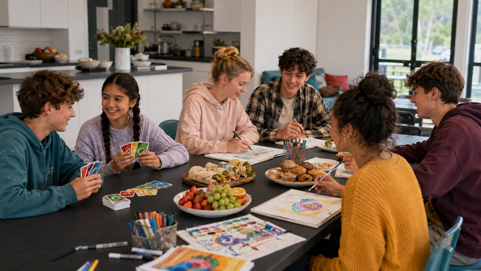 Teens enjoying themselves, making friends, eating, cooking and having fun