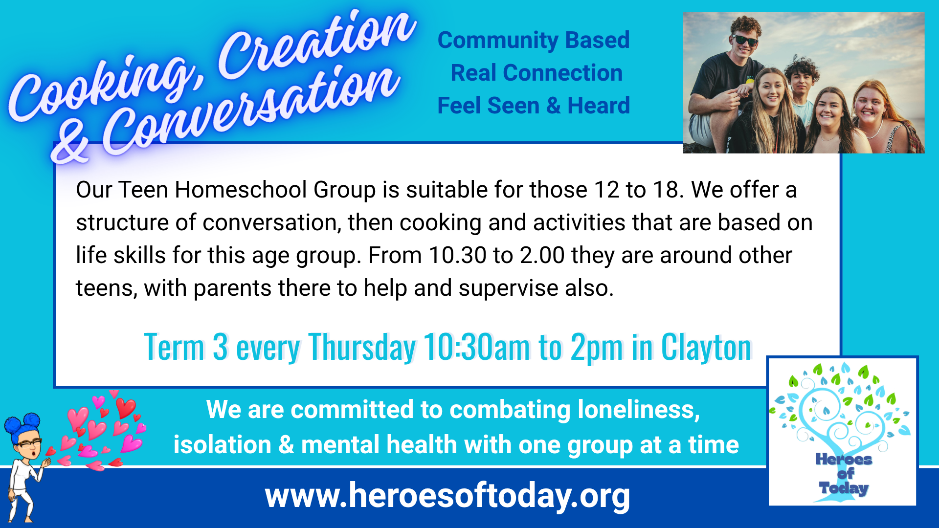 Cooking, Creation & Conversation flyer for a weekly homeschooling group for teens aged 12–18 in Clayton. Group details are provided below.