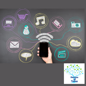 A hand holding a smartphone with various icons around it representing digital communication and multimedia, such as email, music, shopping cart, camera, social media, and cloud storage.