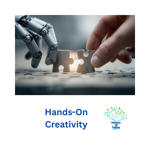 A robotic hand and a human hand each holding puzzle pieces, coming together to connect.