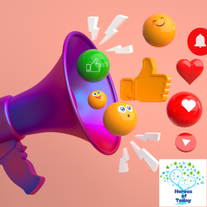 A purple megaphone with various emojis and icons emerging from it, including a green thumbs-up, a smiling orange ball, a red bell, a red heart, a yellow thumbs-up, and a white downward arrow, set against a pink background.