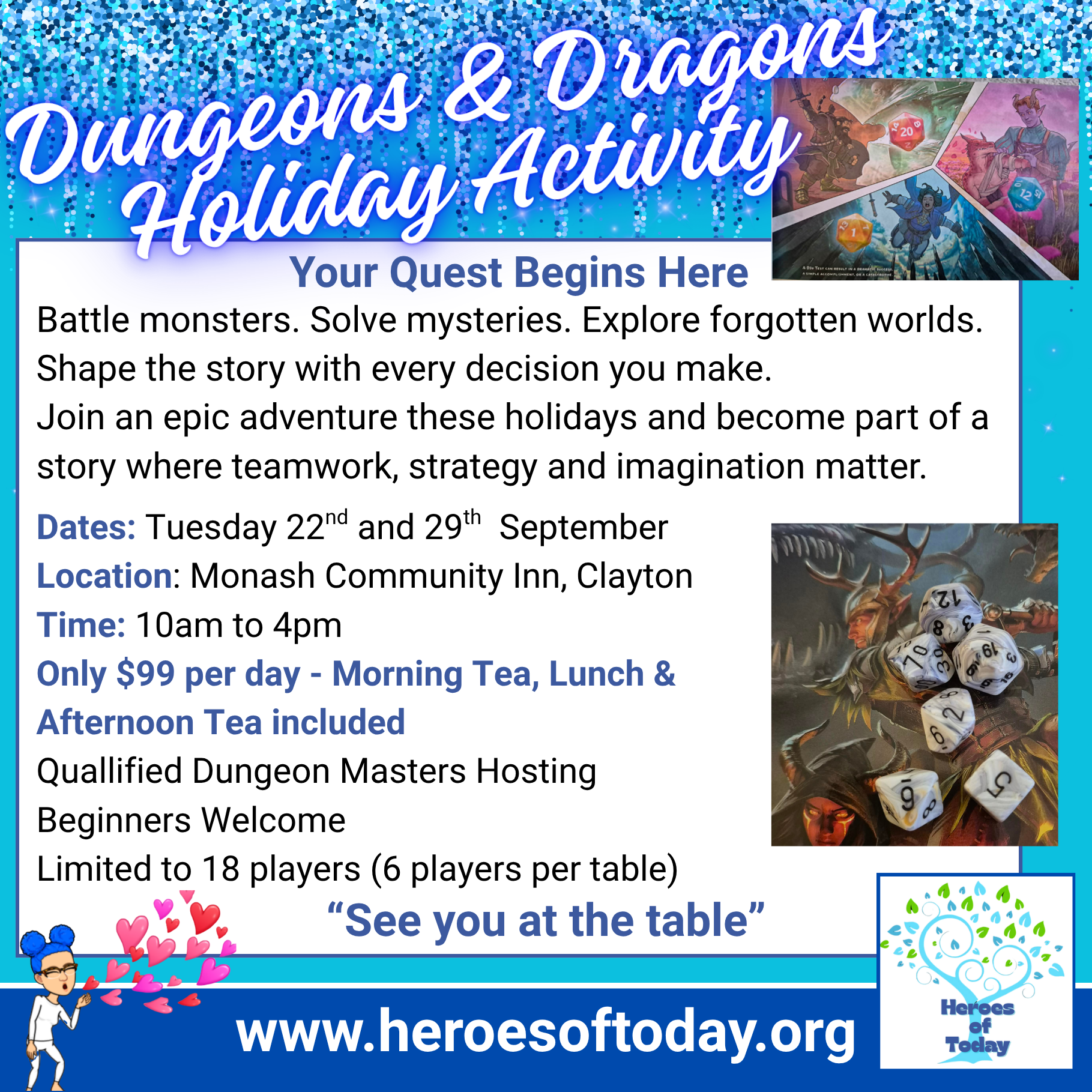 Dungeons & Dragons holiday activity event featuring fantasy artwork of warriors, monsters, and rolling dice. Fantasy and Strategy go hand in hand with Dungeons and Dragons