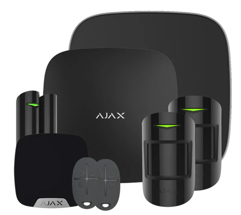 Ajax home security alarm system with two motion detectors, a control panel, and other accessories.