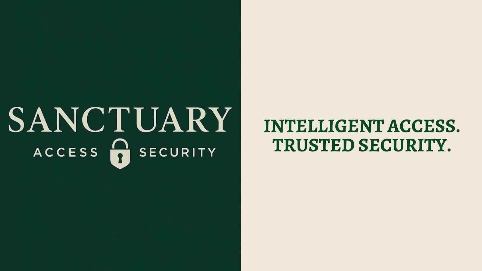 Graphic design image with the words "Sanctuary Access Security" on the left side with a lock icon, and the phrase "Intelligent Access. Trusted Security." on the right side.