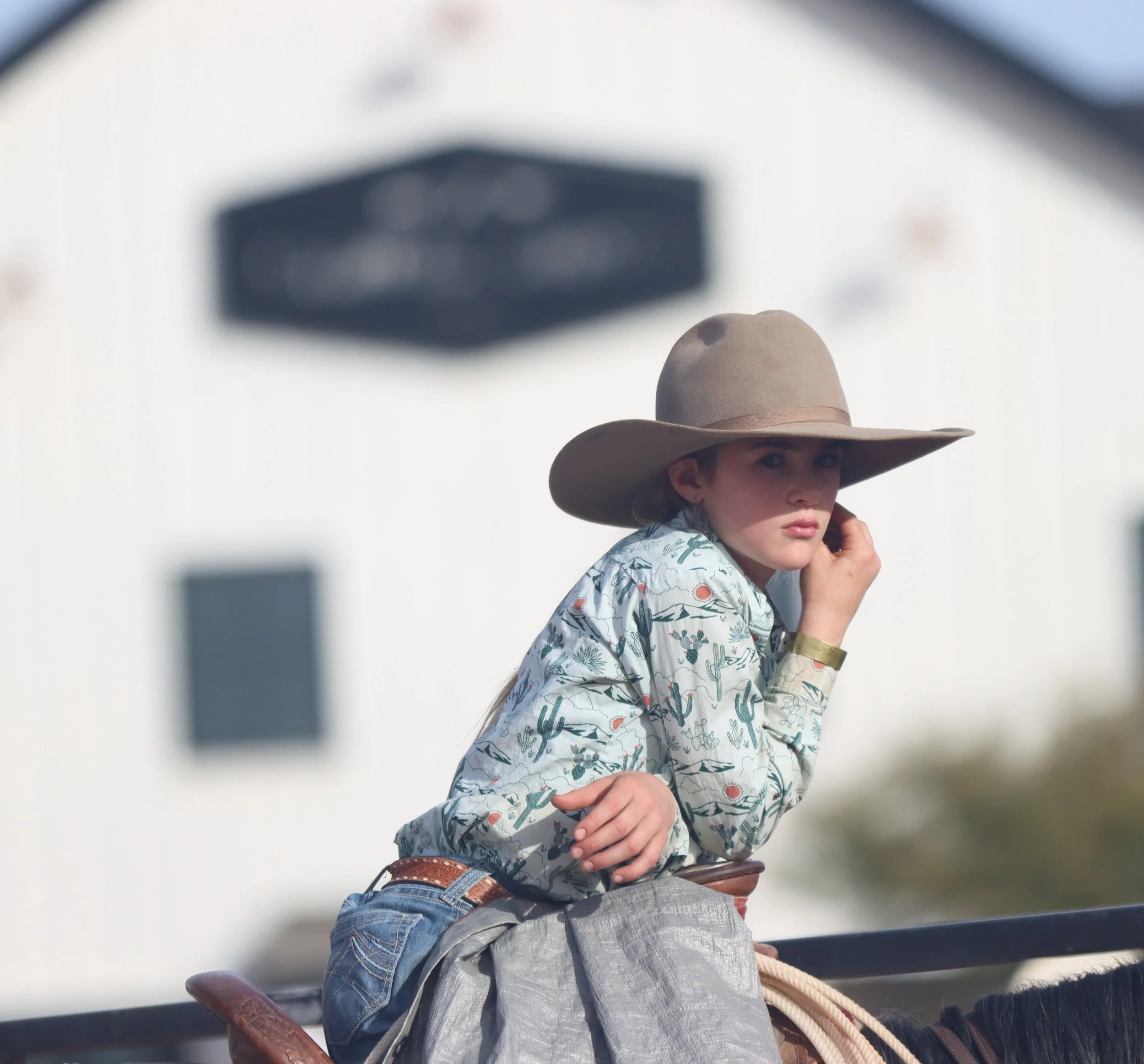Haddie Clark, 12, rides her horse at the Art of the Cowgirl on Jan. 19, 2024. Haddie’s mother, Reata Clark, with Clark Ranch Horses & Performance Prospects, was introduced to Art of the Cowgirl by a friend and has attended the event ever since. She s