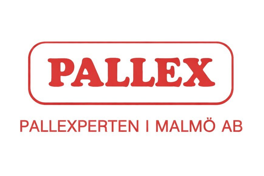 Logotyp för Pallex, en palletsexperten i Malmö AB, med företagsnamn i rött på vit bakgrund.