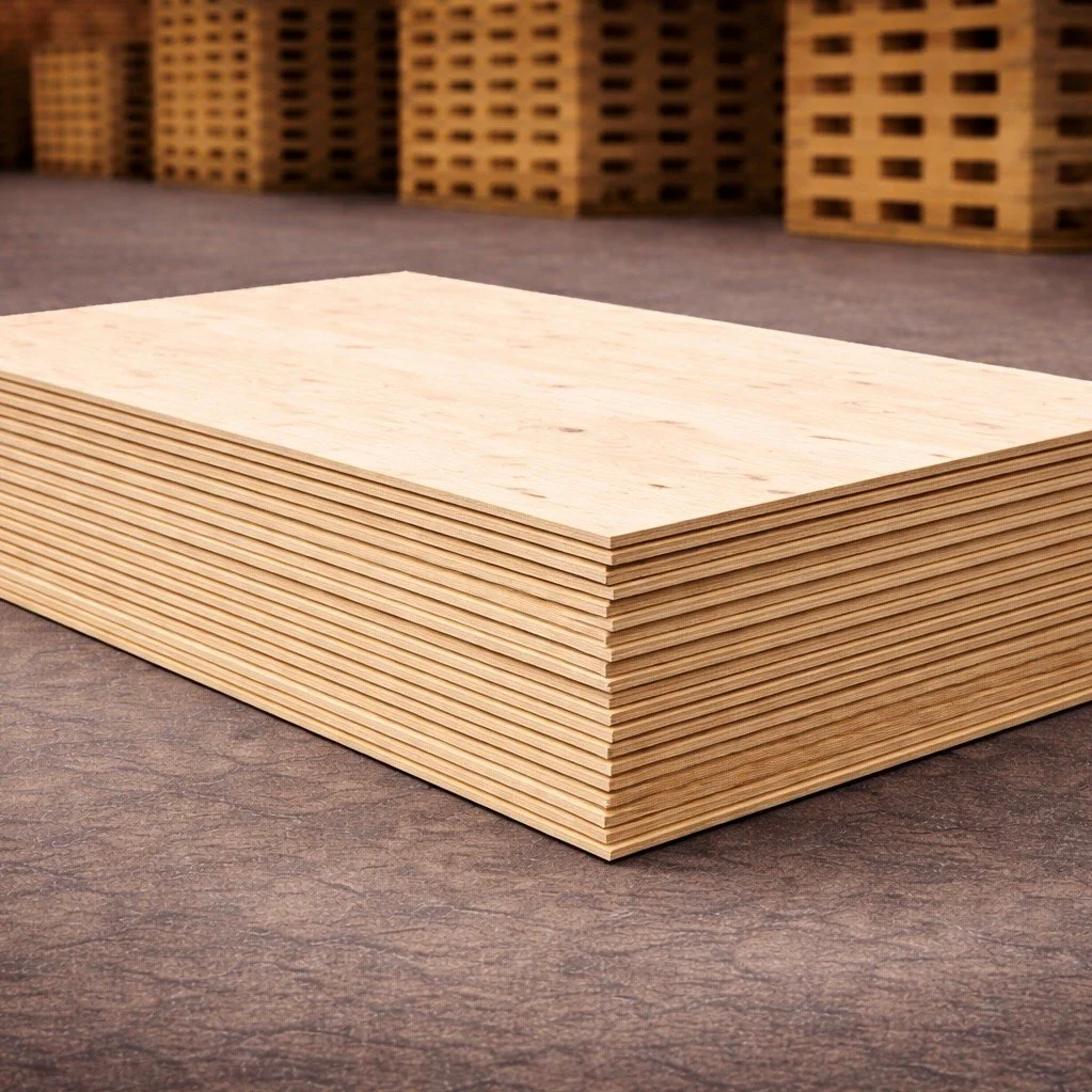 Staplar av träskivor på ett bord med bakgrund av fler trästaplar.