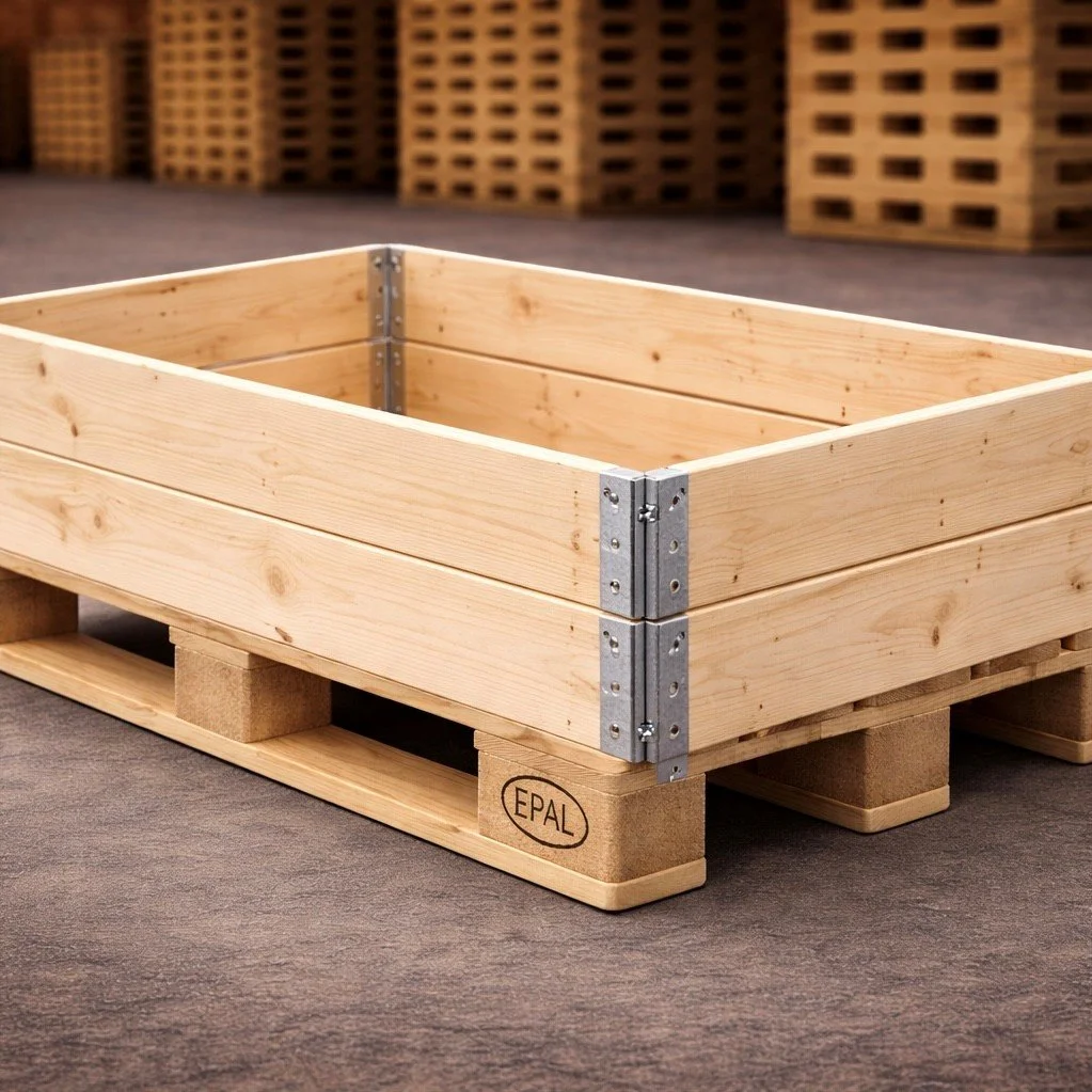 En tom trälåda placerad på en pallar av trä, med bakgrund av staplade trälådor i ett lager.