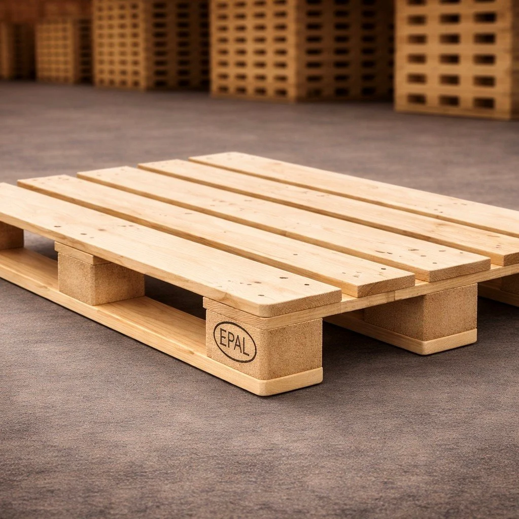 En oputsad träskildra på ett golv, med en stapel av träpallar i bakgrunden.