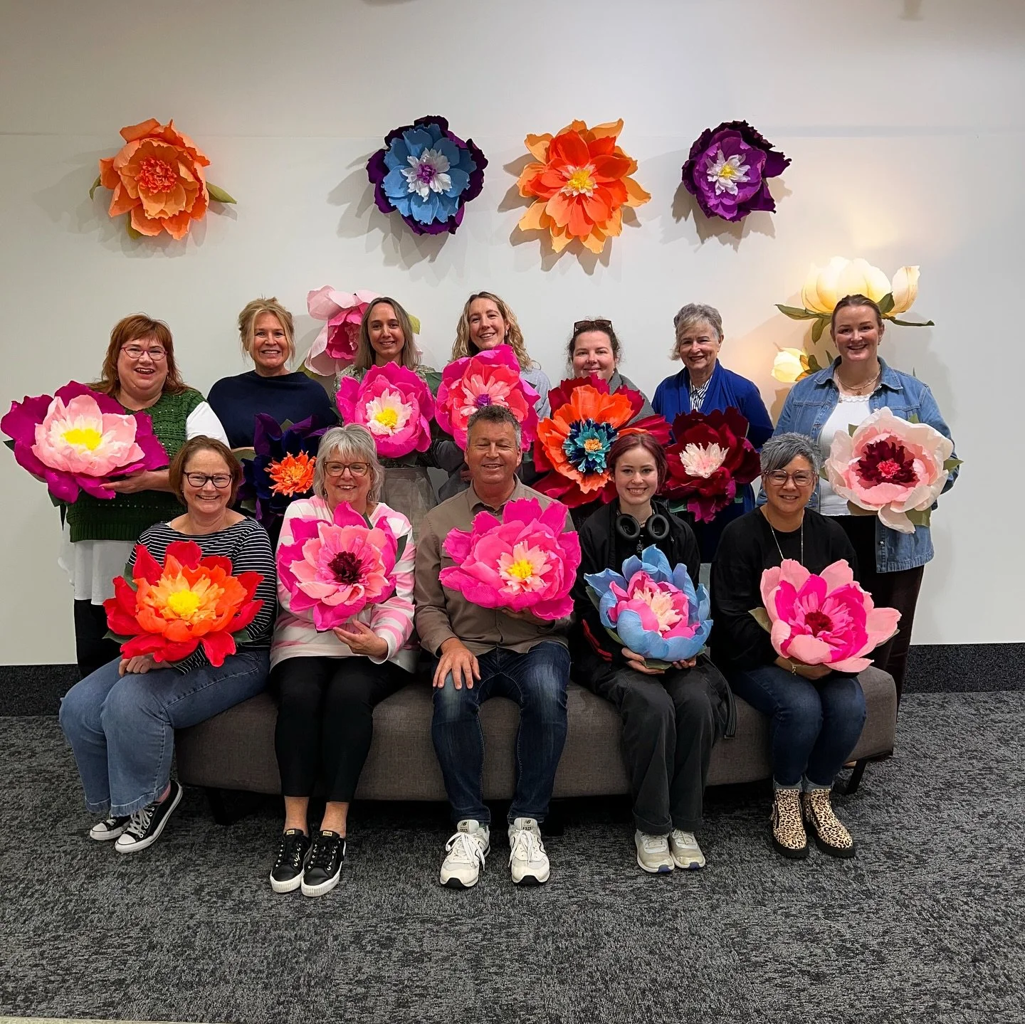 I&rsquo;ve popped up at @johnsonvilleshoppingcentre today for Giant Crep&eacute; Wallflower workshops! Such a lovely time meeting new people, creating together- and look at their stunning flowers! Behind the scenes of setting up for a workshop coming