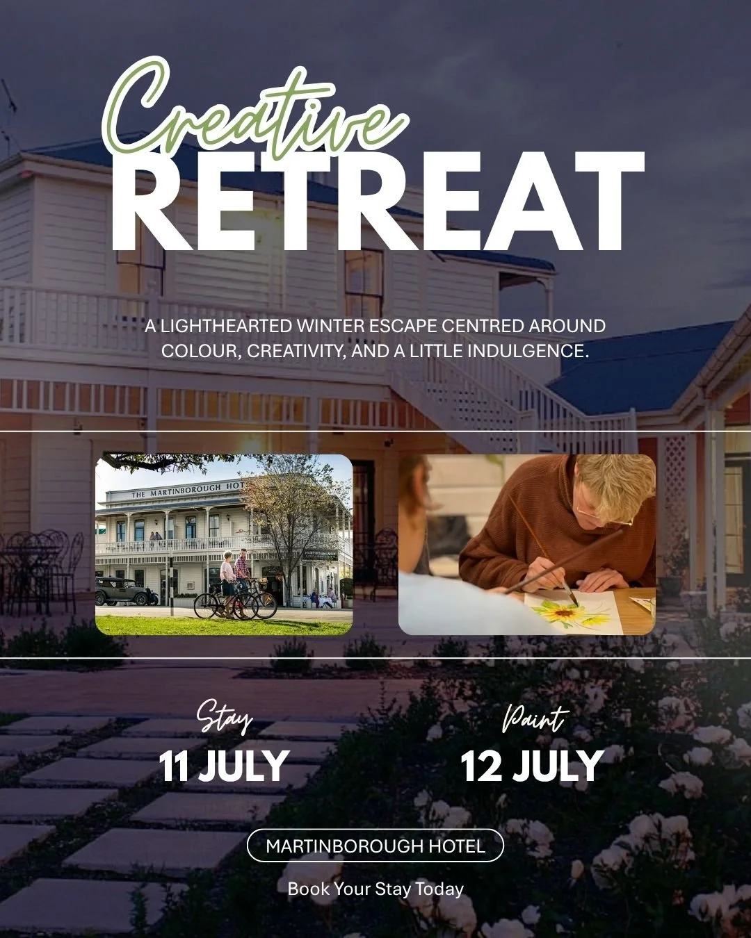 𝗪𝗶𝗻𝘁𝗲𝗿 𝗪𝗮𝘁𝗲𝗿𝗰𝗼𝗹𝗼𝘂𝗿 𝗥𝗲𝘁𝗿𝗲𝗮𝘁

Settle into the charm of the Martinborough Hotel's garden suites for a lighthearted winter escape centred around colour, creativity, and a little indulgence.

I'll guide you through a watercolour mo
