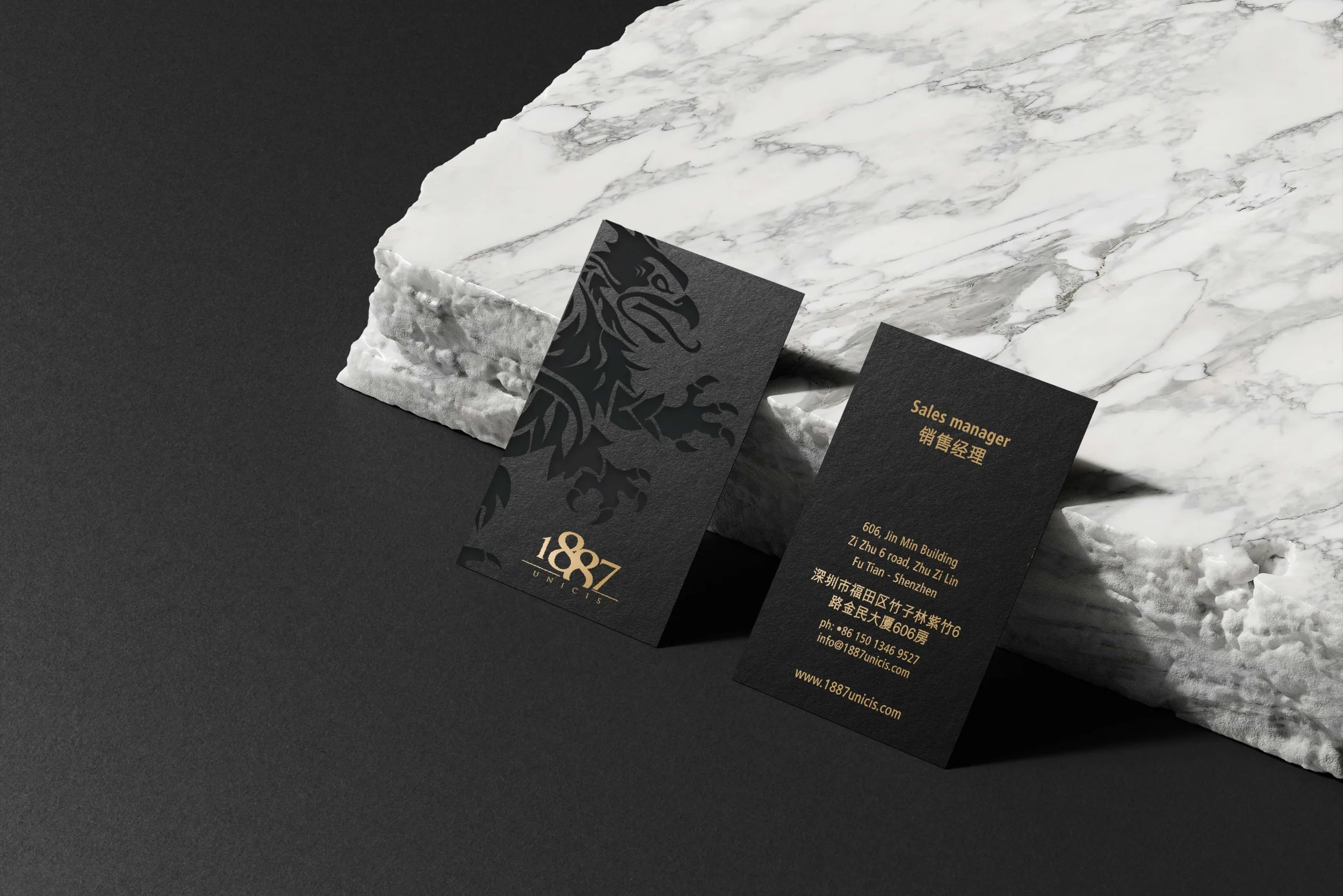 Cartes de visite noires avec or, inclinées sur une surface noire, avec un fond de pierre blanche, affichant des informations professionnelles en anglais, chinois et français, avec un motif de lion noir.