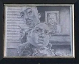 A pencil sketch of two men, with one in the foreground and another in the background, along with framed photographs on the wall behind them.