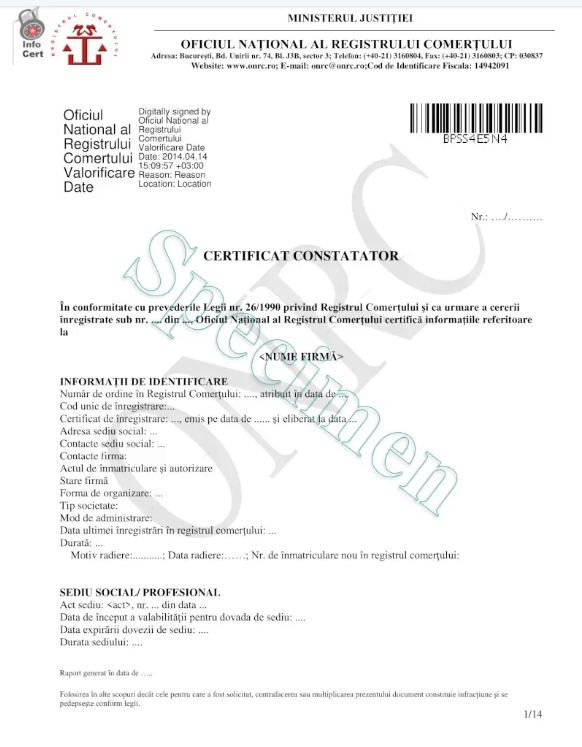 Official Romanian Trade Register Certificate — Certificat Constatator specimen from ONRC